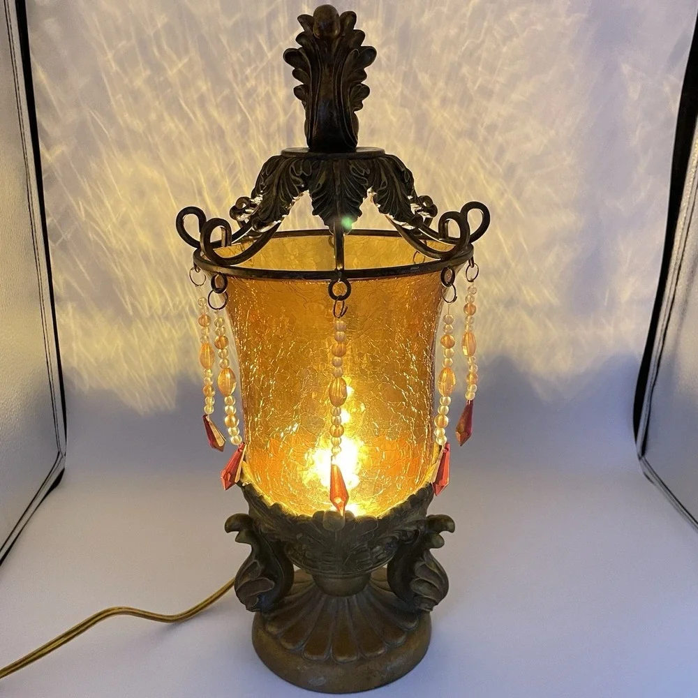 Vintage Bombay Company Bronze Amber Crackle Glass Beaded Table Lamp Tested/Works